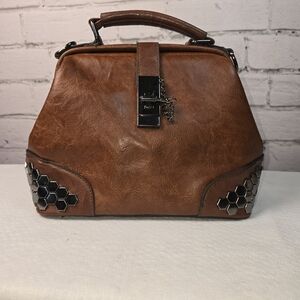 H SAMS VINTAGE BROWN SATCHEL PURSE HANDBAG LEATHER HONEYCOMB METAL DETAIL